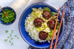 Sun Basket - Shanghainese meatballs with cabbage and char siu sauce over cauliflower “rice”