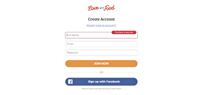 Love with food review - Create and account when prompted
